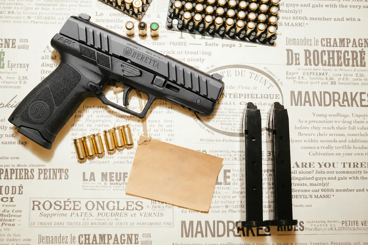 Beretta APX na tle vintage gazety