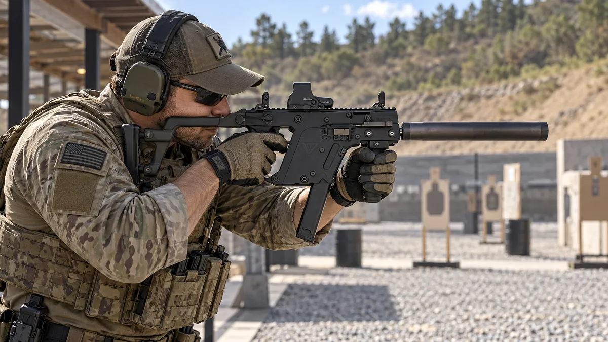 KRISS Vector używany przez żołnierza na strzelnicy