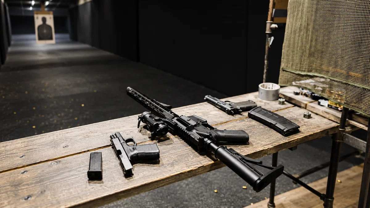 Stanowisko strzeleckie z karabinem AR15 i pistoletem Glock przygotowane pod strzelanie